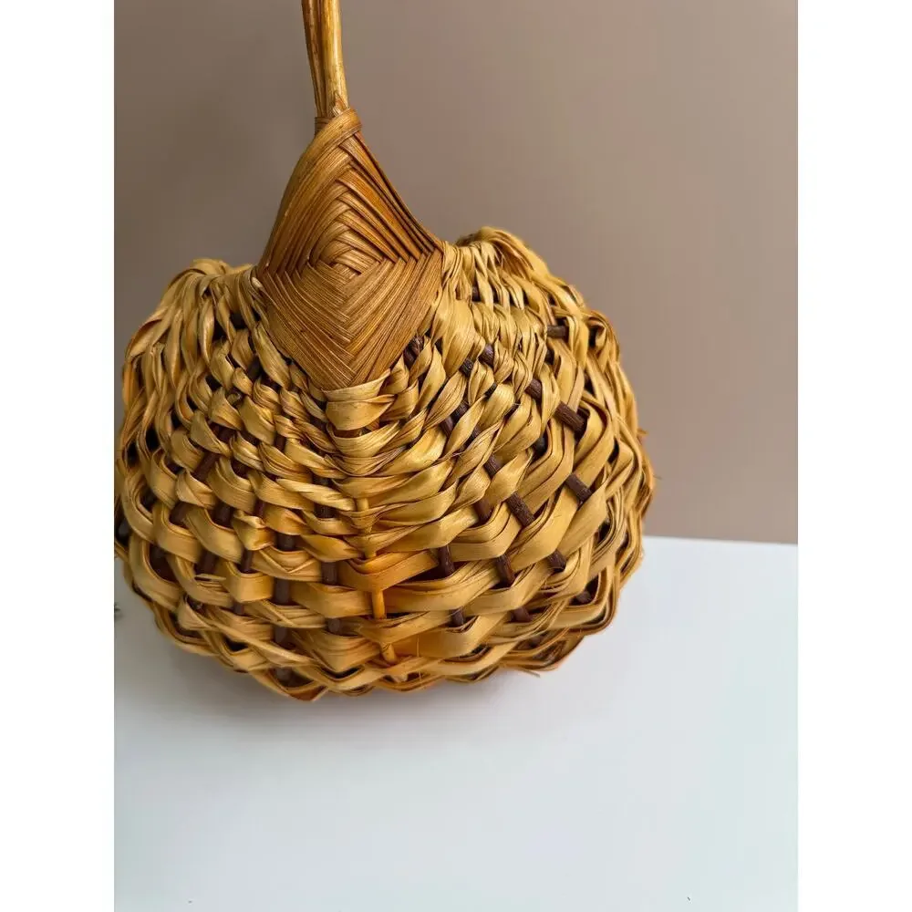 Vintage Handwoven Banana Leaf Basket with Handle | Cottagecore Farmhouse Rustic
